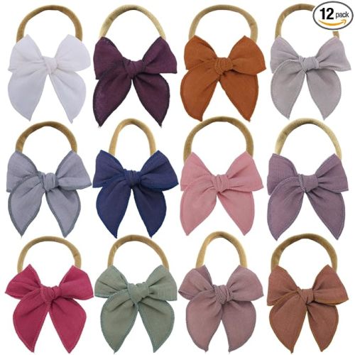 Sugarmelon Linen Bow Nylon Headband for Baby Newborn Infant Toddler Hair Bow Elastic Bands for Baby Girls Little Kids Headbands (Linen Fable bow 3'')