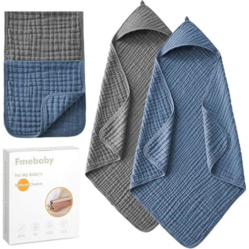 Hooded Baby Towels for Newborn 2 Pack 36x36 Inch Muslin Cotton Baby Bath Towel and 2 Pack Washcloths for Babies, Infant, Toddler and Kids, Soft and Absorbent Newborn Essential(Grey and Blue)