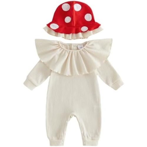 Pudcoco Infant Baby Girls Outfit Mushroom Romper Toadstool Long Sleeve Waffle Knit Ruffle Jumpsuit with Hat