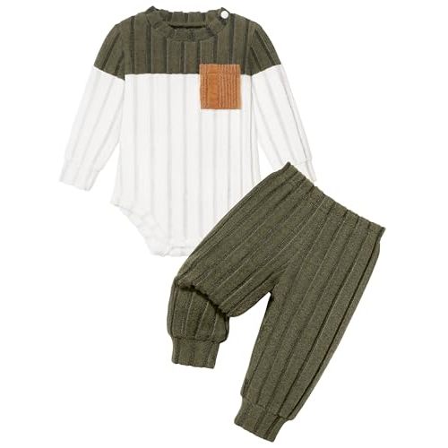 Baby Boy Clothes Color Block Ribbed Knitted Outfits Long Sleeve Romper+ Pants 2PCS Outfit 0-12 Months
