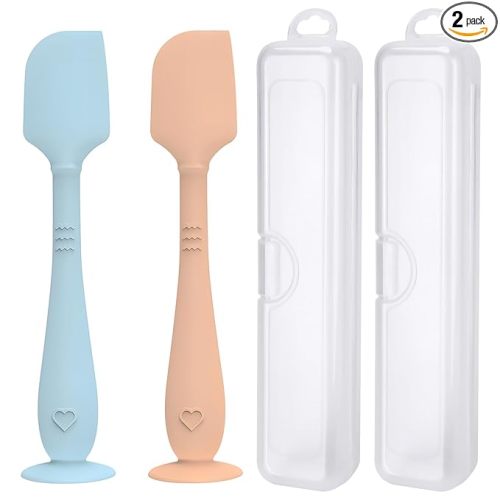2 Pack Diaper Cream Spatula With Hygienic Travel Case, Baby Butt Paste Applicator With Suction Base, Soft Silicone Diaper Rash Cream Applicator Large Size (Blue & Brown)