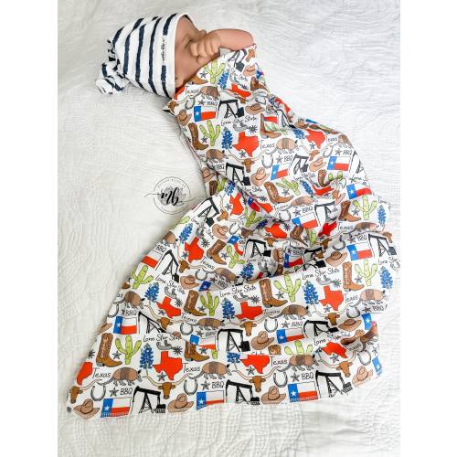 States Collection - TEXAS Best Swaddle Blanket with Coordinating Knotted Beanie Hat | Soft Blanket Set | Newborn Baby Swaddle Blanket