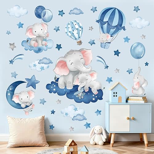 wondever Blue Grey Sleeping Elephant Wall Stickers Flying Animals Hot Air Balloon Moon Clouds Peel and Stick Wall Art Decals for Baby Nursery Kids Bedroom