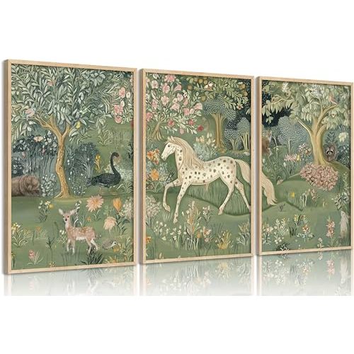 Vintage Woodland Animal Nursery Wall Art Magic Horse Bear Deer Poster Green Fantasy Forest Botanical Pictures Decor Fairy Tale Nature Painting Canvas Print Artwork for Kids Room Living Room, Unframed