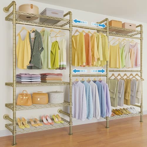 Timate F3 Garment Rack Heavy Duty Clothes Rack for Hanging Clothes, Expandable Industrial Pipe Wall Mounted Clothing Rack, Adjustable Storage Wardrobe Closets Kit Walk in Closet Systems, Gold