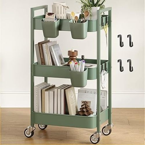 Nunsino 3 Tier Rolling Cart,Utility Cart with Locking Wheels, Hanging Cups,&Hooks, Heavy Duty Metal Storage Organizer Cart for Kitchen,Office, Bathroom,Craft Room,Green