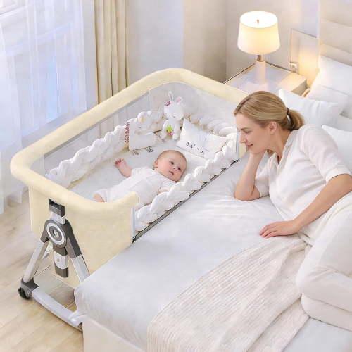 Baby Bassinet Bedside Sleeper 3-in-1, Portable Infant Crib with Wheels, Mosquito Net, Soft Mattress, Breathable Mesh and Large Storage Basket for Newborns