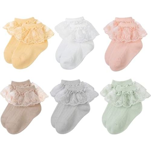 VINIKNIKA 6 Pairs Baby Girls Socks - Newborn Ruffle Lace Princess Frilly Knit Cotton Socks with Bows for Infant Toddler Kids 0-6 Month