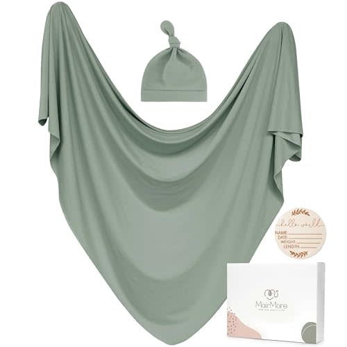 MairMore Baby Swaddle Receiving Blankets with Matching Beanie Set Newborn Nursery Swaddle Wrap for Baby Girls and Boys (Green)