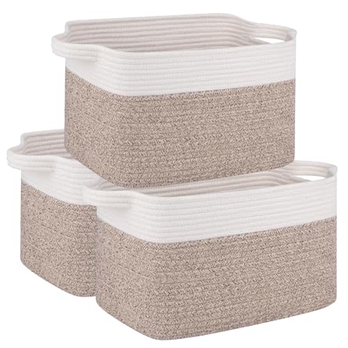 OIAHOMY 3 Pack Storage Baskets for Organizing, 13''X9.85''X8.7'' Storage Bins,Woven Basket with Handles, Toy Storage Bin,Stylish Room Decor Basket, white & Brown variegated