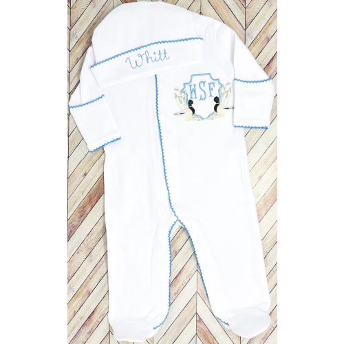 Personalized Baby Boy Set Cotton Coming Home Outfit Monogram Baby Clothes Custom Duck Footie Hat Set Heirloom Infant Sleepwear Boy Blue