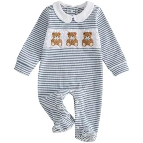 Newborn Baby Bear Footed Romper Striped Peter Pan Collar Jumpsuit