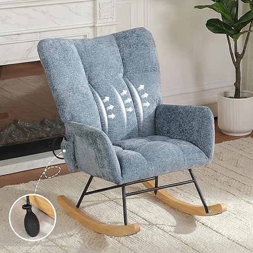 Rocking Chair with Airbag, Comfy Modern Reading & Nursing Nursery Rocking Chair Indoor, Cozy Upholstered Glider Rocker Chairs for Living Room Bedroom Offices, (Chenille, Blue)