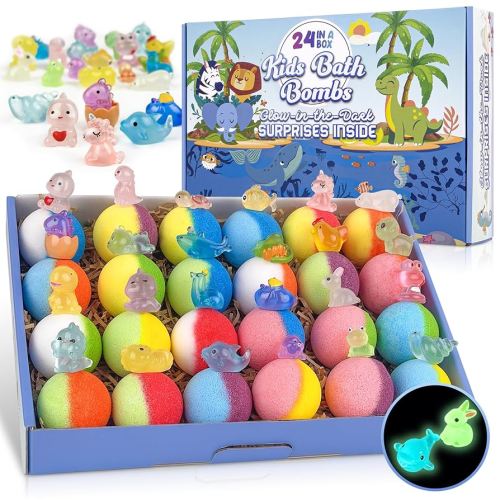 Bath Bombs for Kids, 24pcs Bath Bombs with Glow in The Dark Surprise Inside, Natural and Organic Colorful Bubble Bath Fizz for Kids, Perfect Birthday, Halloween, Or Christmas Gift for Boys and Girls!