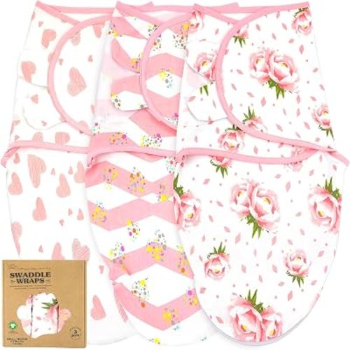 Newborn Swaddle Blanket 3-Pack, S/M 0-3 Months, GOTS Certified Organic Cotton, Adjustable Hook-and-Loop Wrap, Soft Breathable Sleep Sack, Reduces Startle Reflex for Boys & Girls