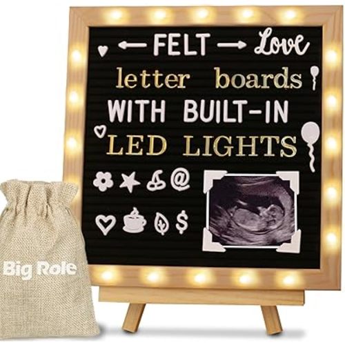 Black Felt Letter Board With Stand and LED Lights 10x10in - Changeable Message Sign With White and Gold Wood Frame - Menu Board for Pregnancy Announcement, Wedding Gifts, Baby Showers