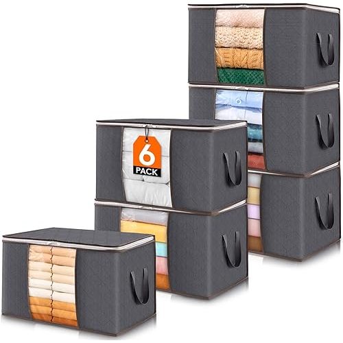 Lifewit 6 Pack Clothes Storage Bins with Lids, Foldable Blanket Storage Bags with Zippers, Clear Window and Reinforced Handles, Closet and Organization for Clothing, Sweater, Comforter, Bedding