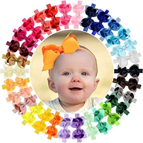 WillingTee Baby Girls 4.5 Inch Grosgrain Ribbon Boutique Hair Bows Headband, 30 Colors - Fantastic Hair Accessories for Baby Girls, Infants, Toddlers, Kids, Children & Teens