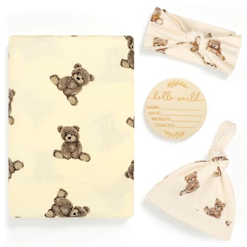 TANOFAR Muslin Swaddle Blankets for Girls Boys 4 Pack, Ultra Breathable Receiving Blankets Large 47 x 47 inches with Matching Headband and Beanie Set Baby Nursery Swaddle Wrap, Cute Bear