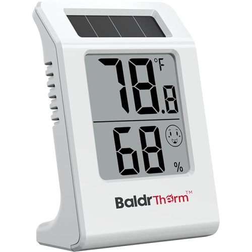 BaldrTherm 2.2'' Digital Thermometer and Hygrometer Meter, Solar-Powered Indoor Temperature Sensor Humidity Monitor, Humidity Gauge for Baby Rooms, Bedrooms, Home, Office, and Wine Cellars, 1Pack