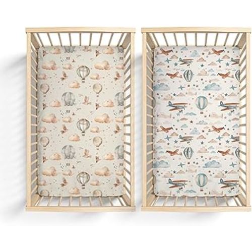 2 Pack Hot Air Balloon Plane Clouds Stars Pattern Baby Sheets for Crib, Unisex Hot Air Balloon Nursery Fitted Bed Sheet for Boys Girls Standard Crib and Toddler Mattress-28x52