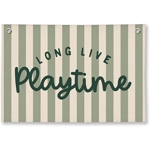 Playroom Decor, Long Live Playtime Wall Hanging Linen Banner, Blue Striped Wall Flag for Kids Room Nursery Playroom Decor, 20x30 Inch-Green
