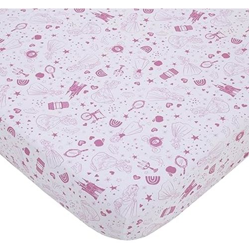NoJo Disney Princess - Dare to Dream White & Pink Castle, Hearts & Stars Fitted Crib Sheet, Pink, White