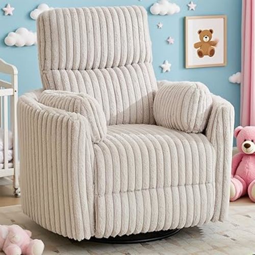 Power Nursery Rocking Chairs Swivel Glider Reclining Chair with 2 Pillows, Nursery Glider Rocking Recliner with Type-C & USB Charger Port, Corduroy Upholstery Armchair for Living Room/ Off-White