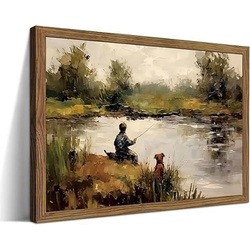 LBTZEVIR Retro Boy Fishing Frame Canvas Wall Decoration with Frame Landscape Wall Art Rural Farmhouse Art Works Suitable for Baby Room Living Room Bedroom Bathroom 8x10 Inch