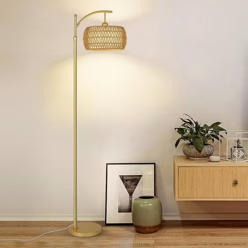 GDFStudio Natalya Farmhouse Arc Floor Lamp with 3 Color Temperature LED and Double Drum Shade, Gold