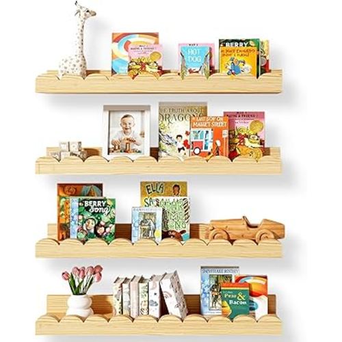 Nursery Floating Shelves for Kids Room, 4 Pack 15.7 Inch Natural Wood Wall Shelves with Scalloped Edge, Kids Bookshelves for Toddler Bedroom, Playroom, Baby Nursery Decor