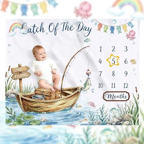 Fishing Theme Baby Monthly Milestone Blanket, Summer Gone Fishing Baby Boy and Girl Growth Chart Milestone Photo Blanket, Fishing Boat Newborn, 50"x40" Includes 2 Frames