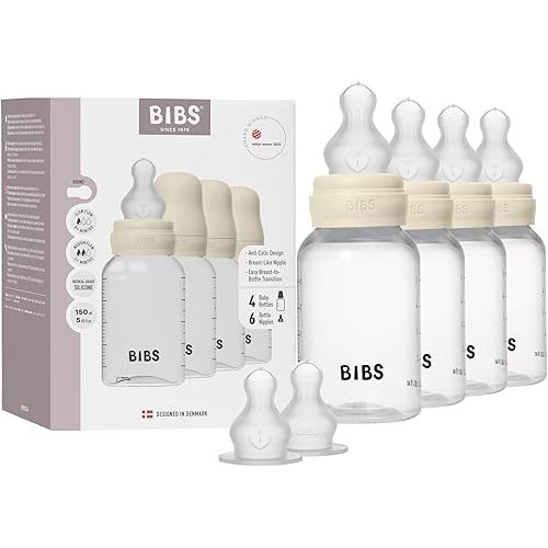 BIBS Baby Bottle 150 ml Silicone Nipple 4 Pack - Anti-Colic, BPA-Free, Round Nipple, Lightweight & Easy to Clean, Suitable for Newborns 0+ Years, 4-Pack + 2 Extra Nipples - Ivory