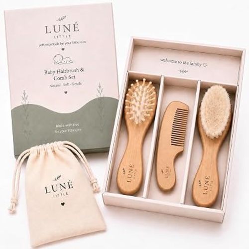 Baby Hair Brush & Comb Set for Newborns & Toddlers, Soft Natural Bristle Brush, Wooden Baby Comb & Massage Brush, Gentle Scalp Care, Baby Shower Gift