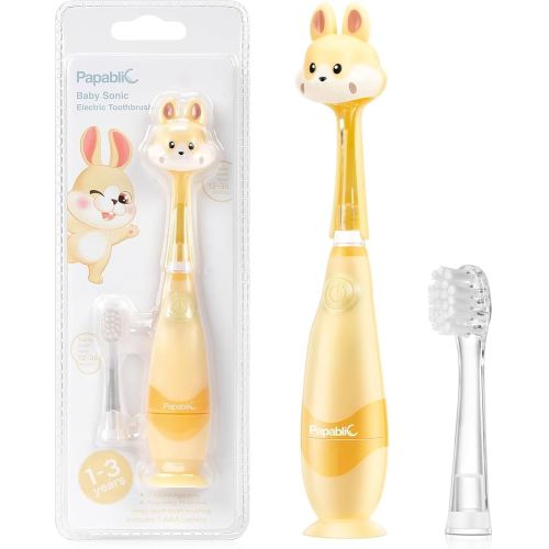 Papablic Toddler Sonic Electric Toothbrush Kids for Ages 1-3 Years, Baby Electric Toothbrush with Cute Rabbit Cover and Smart LED Timer, 2 Brush Heads (Bunny)