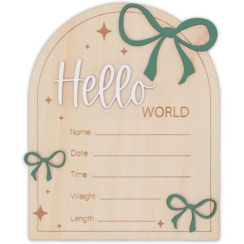 Hello World Baby Birth Stats Sign Wooden Keepsake with Pink Bow, Newborn Photo Prop, Nursery Decor, Baby Shower (MatteSage)