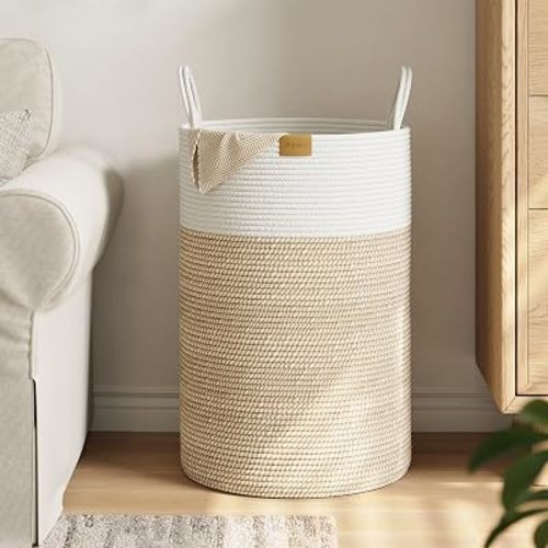Nunsino Laundry Hamper 75L,Large Laundry Basket for Clothes,Decorative Storage Basket for Blankets,Cotton Rope Woven basket for bedroom,Brown White