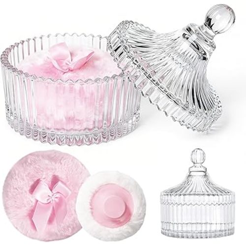 LAKIRA Large Body Powder Puff and Container, 2 Large Powder Puffs, Crystal Powder Container with 3.57" Puff for Baby Women, Dusting Powder Container with Puffs for Women, Bath, Home Use (4″ Pure B)