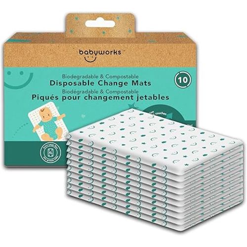 Baby Works - Disposable, Biodegradable, & Compostable Change Mats. Waterproof & Leak-Proof Changing Pad, Super Soft, for Babies & Toddlers - 68x45 cm, 10 Count