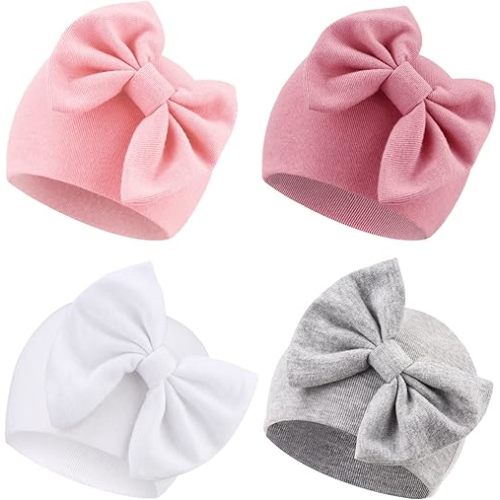 DRESHOW BQUBO 4 Pack Newborn Hospital Hat Infant Baby Hat Cap with Big Bow Soft Cute Knot Nursery Beanie