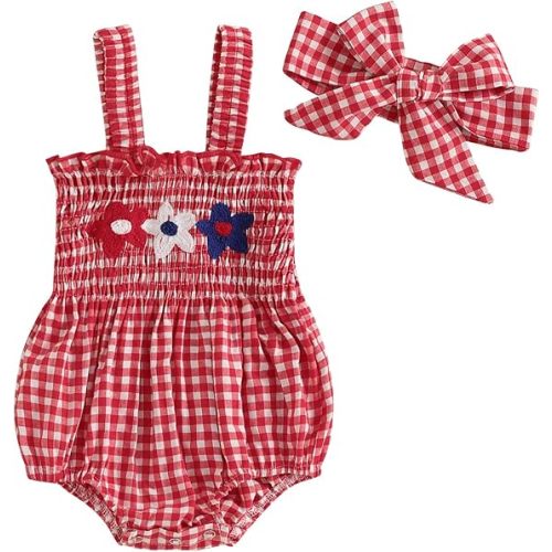 Newborn Baby Girl My First July 4th Outfit Letter Embroidery Shirred Sleeveless Bubble Romper Set Infant Clothes