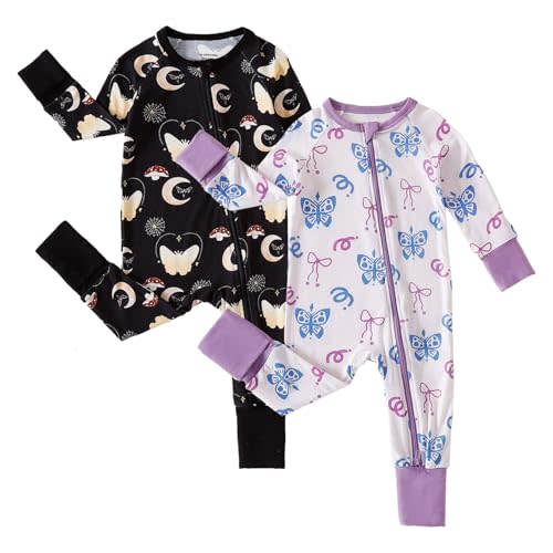 DEFAHN Baby Rayon from Bamboo Pajamas 2 Pack Footless 2-Way Zipper Sleepers | 0-24M, Soft gentle on skin, Stretchy comfort, Footless long sleeve one-piece romper, Fold-over mitten cuffs for tiny hands