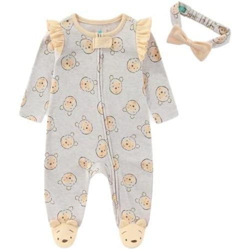 Disney Winnie the Pooh Baby Girls Long Sleeve Footies Coverall Romper With Headband for Newborn and Infant