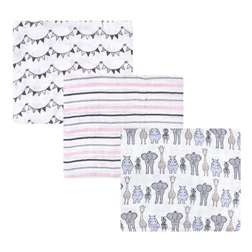 Hudson Baby Unisex Baby Cotton Muslin Swaddle Blankets, Modern Neutral Safari, 3-Pack