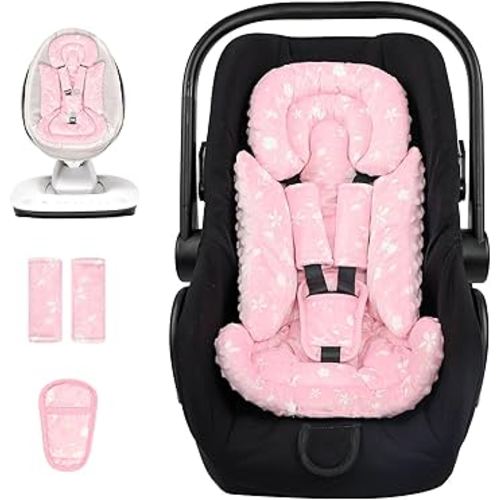 Car Seat Head Support Baby, Soft Infant CarSeat Insert with Strap Covers for Girls, Newborn Insert for carseat, Strollers, Swings, Bouncer, Pink