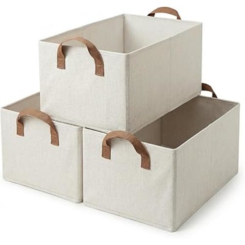 3 Pack Storage Bins Fabric Collapsible Organizers with Handles Sturdy Canvas with PP Board 17.9”x 11”x 7.9” Beige Foldable Storage Box for Closet Shelves, Books, Toys, Clothes, Office Organization