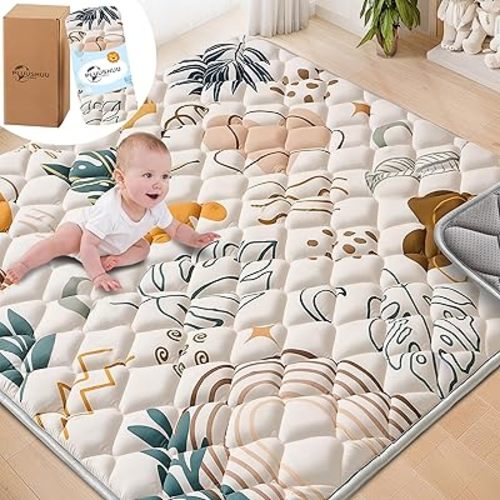 Baby Play Mats for Floor, Playpen Mat for Babies, Extra Thicker & Soft Floor Crawling Mat, Foldable Non-Slip Playmat Cushioned for Infants Toddlers (Brown-B, 50x50 Inch)