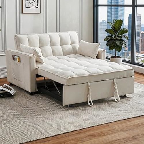 Futon Sleeper Sofa Bed, Modern 3 in 1 Convertible Loveseat Sleeper, Pull Out Couch Bed with Adjustable Backrest, Storage Pockets and Toss Pillows for Living Room, Bedroom (Cream)