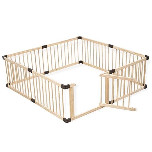 MEWANG Wooden Baby Playpen for Toddler and Babies, 65.7"x21.7" Extra Large Foldable Baby Playard, Adjustable Safety Play Fence with Locking Gate for Indoor & Outdoor, Toddler Fence Play Area Indoor