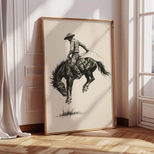 Western Cowboy Riding A Bucking Horse – Vintage Rodeo Ink Drawing – Rustic Cowboy Wall Art Print For Western Farmhouse Decor Wall Art, Modern Wall Decor, 16x24 UNFRAMED
